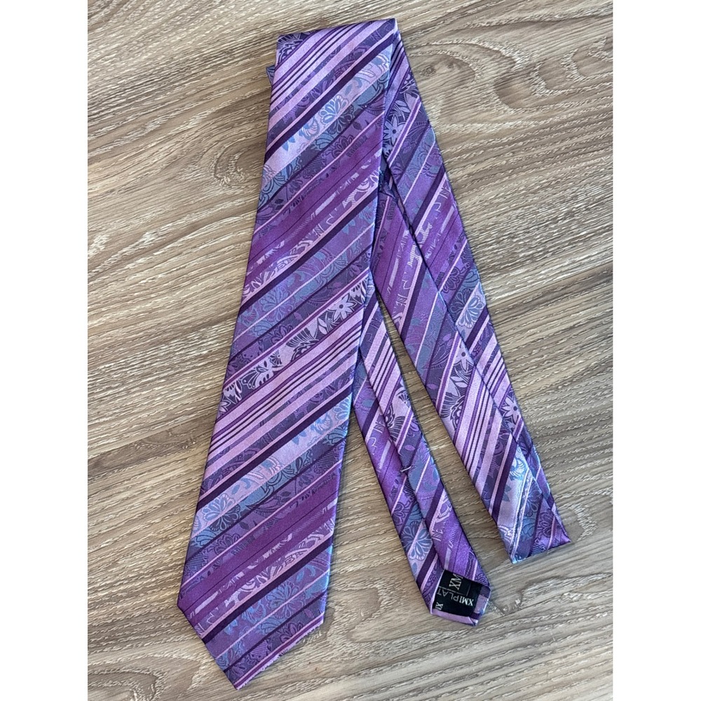 XMI Platinum Mens Purple Silk Tie Floral Paisley Diagonal Striped Handmade USA